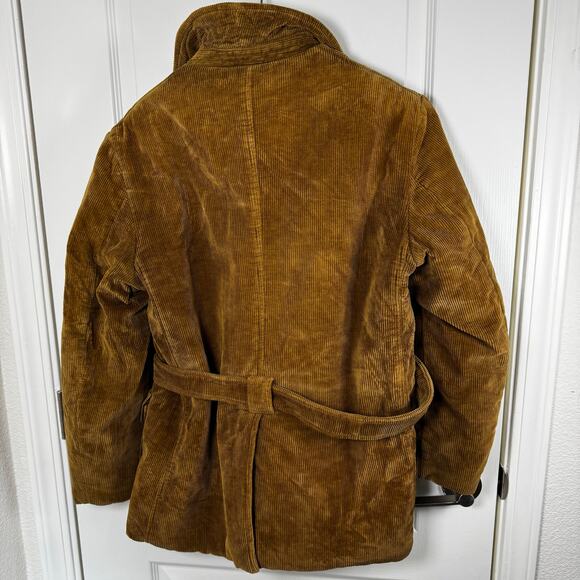 VTG Corduroy Jacket Coat 60s 70s Belted Quilted Pockets Men’s M Tan Retro Chore - Picture 3 of 14